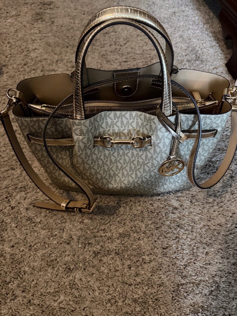 Michael Kors Metallic Gold Logo-Print Satchel with MK Charm